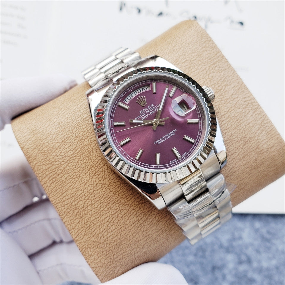 Luxury Automatic Watch for Men Mechanical Wristwatch Stainless Steel Day/Date Red Dial 100203